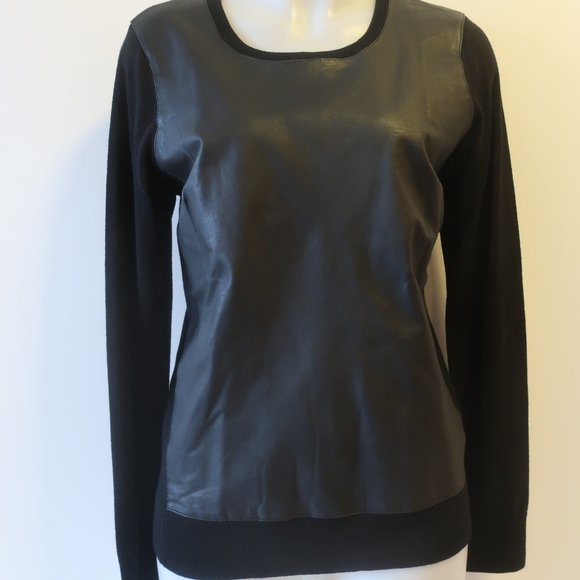 Womens DKNY Black Label Black Mixed Media Wool Leather Sweater M * - Picture 4 of 10